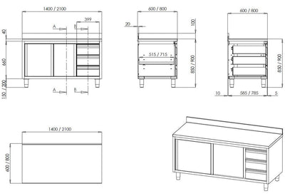 Arbeitsschrank  mit Schiebetüren, Schubladen & Aufkantung 1600mm