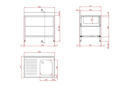 PREMIUM Spültisch 1000x700 mm mit 1 Becken links und Abtropffläche