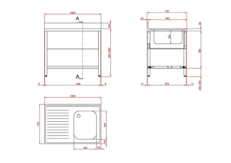 PREMIUM Spültisch 1000x700 mm mit 1 Becken links und Abtropffläche